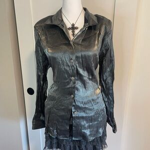 grey shimmery button up blouse